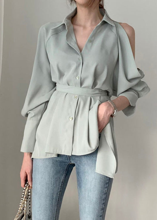 Elegant Green Peter Pan Collar Button Solid Shirt Spring