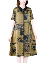 Elegant Green Peter Pan Collar Print Silk Dress Summer