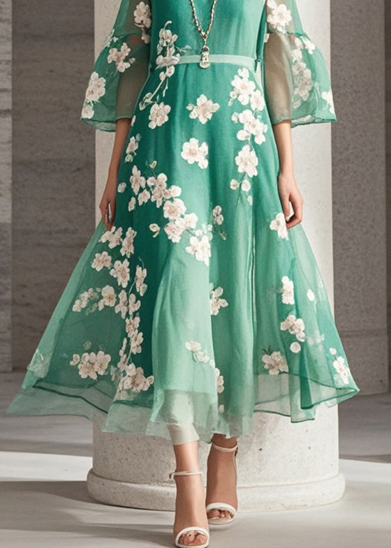 Elegant Green Print Chiffon Long Dresses Summer