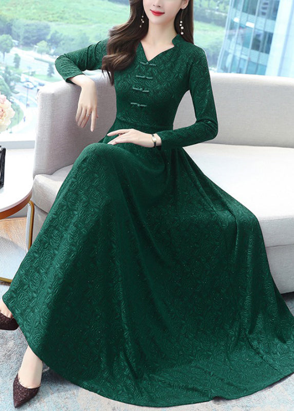 Elegant Green Print Chinese Button Cotton Long Dresses