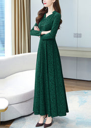 Elegant Green Print Chinese Button Cotton Long Dresses