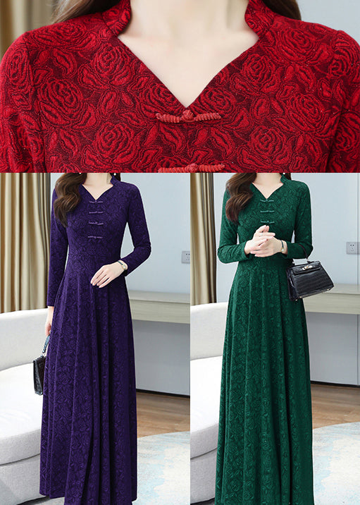 Elegant Green Print Chinese Button Cotton Long Dresses