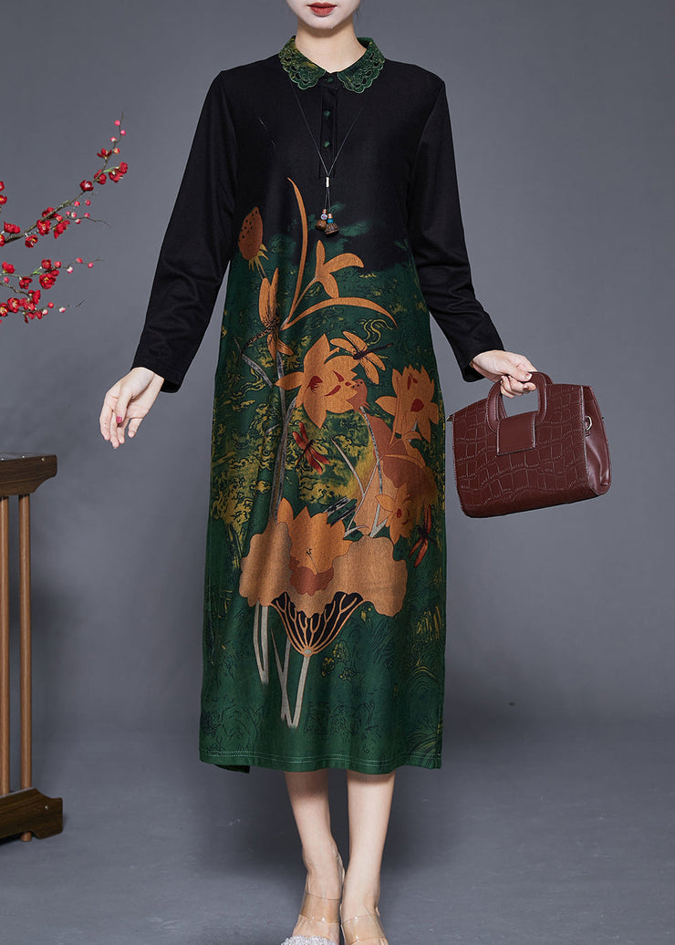 Elegant Green Print Peter Pan Collar Silk Long Dresses Fall