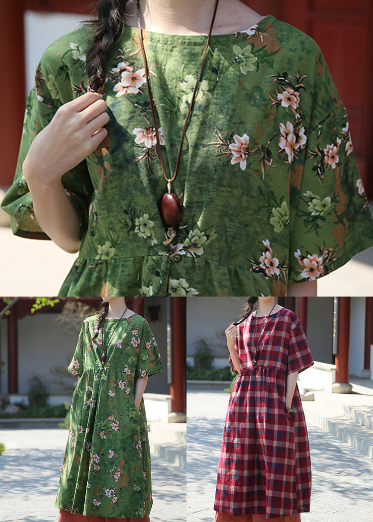 Elegant Green Print Pockets Patchwork Cotton Dresses Summer