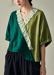 Elegant Green Ruffled Patchwork Cotton T Shirt Summer