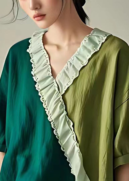 Elegant Green Ruffled Patchwork Cotton T Shirt Summer