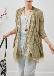 Elegant Green Ruffled Patchwork Hollow Out Lace Cardigans Fall