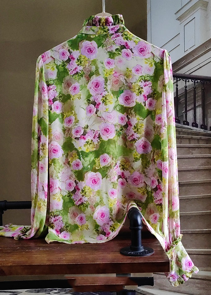 Elegant Green Ruffled Rose Print Silk Tops Spring