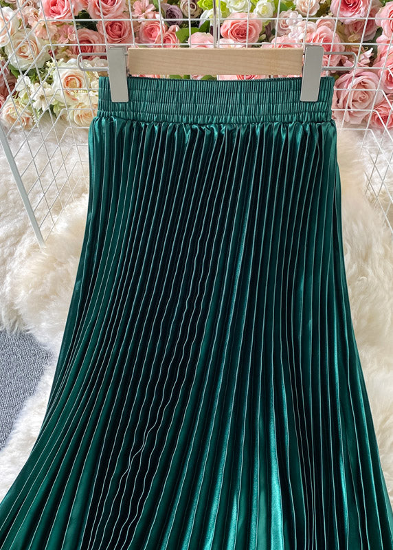 Elegant Green Satin Elastic Waist A Line Skirts Spring