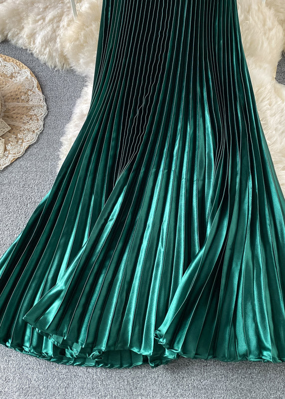 Elegant Green Satin Elastic Waist A Line Skirts Spring