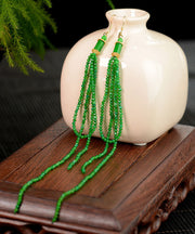 Elegant Green Silver Agate Jadeite Dry Green Tassel Drop Earrings