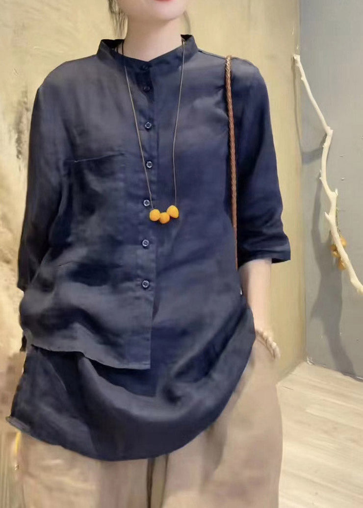 Elegant Green Stand Collar Asymmetrical Button Linen Shirts Long Sleeve