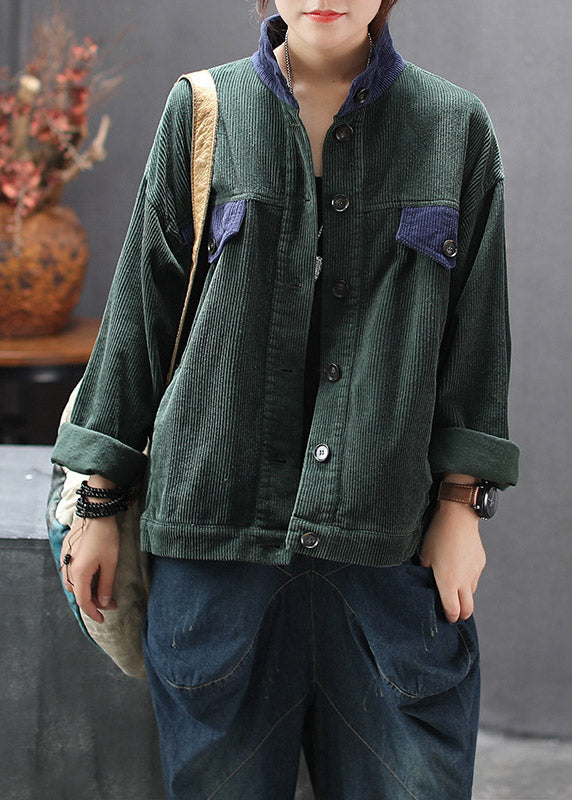 Elegant Green Stand Collar Button Corduroy Coats Spring