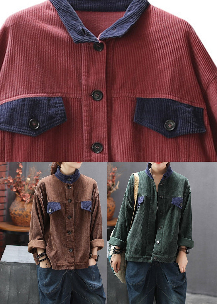 Elegant Green Stand Collar Button Corduroy Coats Spring