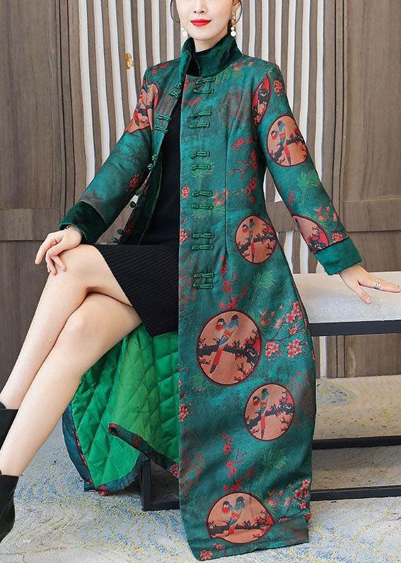 Elegant Green Stand Collar Chinese Style Print Fine Cotton Filled Coats Winter