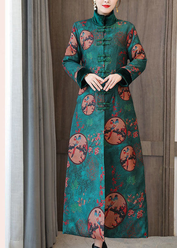 Elegant Green Stand Collar Chinese Style Print Fine Cotton Filled Coats Winter