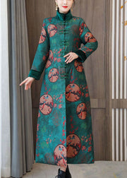 Elegant Green Stand Collar Chinese Style Print Fine Cotton Filled Coats Winter