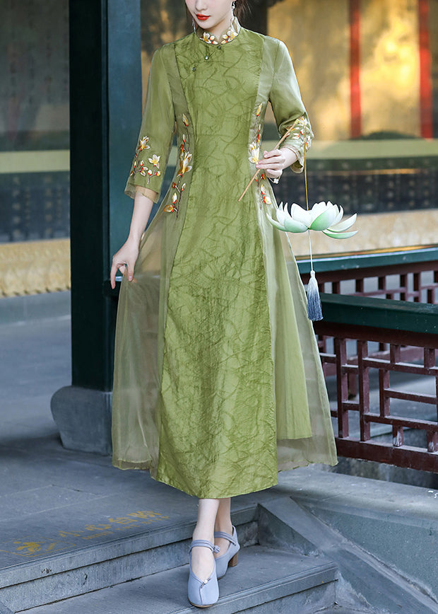 Elegant Green Stand Collar Embroideried Button Tulle Silk Dress Long Sleeve