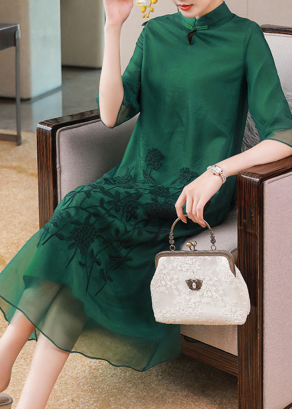 Elegant Green Stand Collar Embroideried Floral Button Tulle Long Dresses Half Sleeve