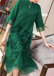 Elegant Green Stand Collar Embroideried Floral Button Tulle Long Dresses Half Sleeve