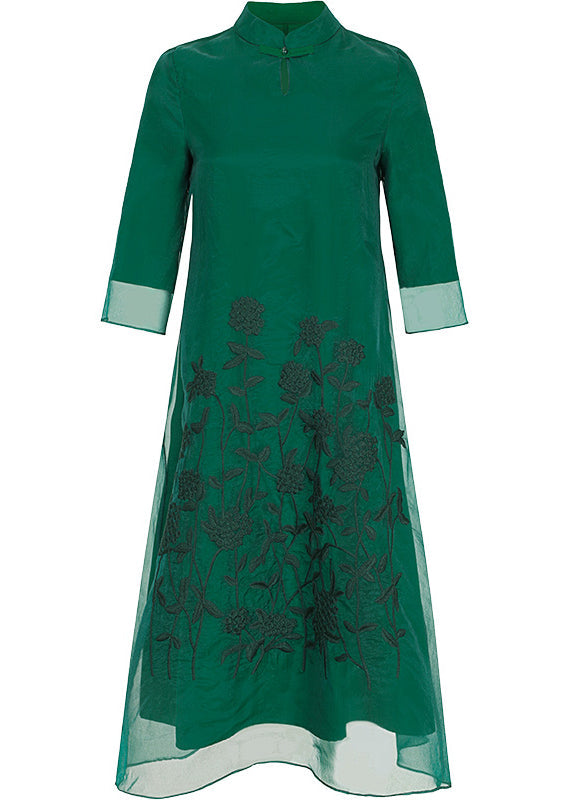 Elegant Green Stand Collar Embroideried Floral Button Tulle Long Dresses Half Sleeve