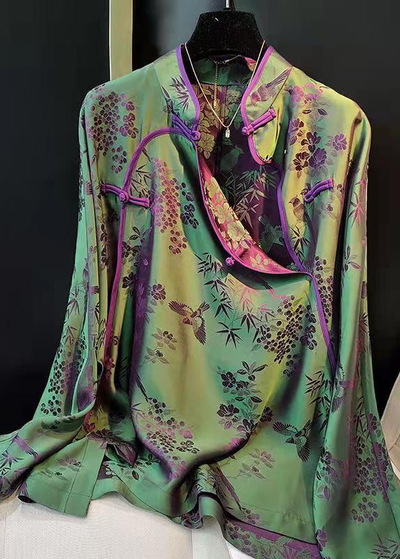 Elegant Green-Print3 Stand Collar Patchwork Jacquard side open Silk Shirts Long Sleeved