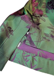 Elegant Green-Print3 Stand Collar Patchwork Jacquard side open Silk Shirts Long Sleeved