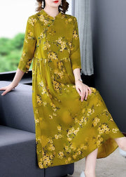 Elegant Green Stand Collar Print Silk Cheongsam Dress Bracelet Sleeve