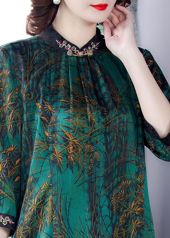 Elegant Green Stand Collar Print Silk Dress Half Sleeve