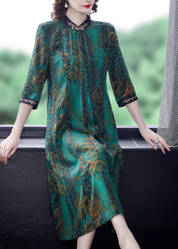 Elegant Green Stand Collar Print Silk Dress Half Sleeve