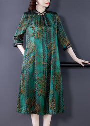 Elegant Green Stand Collar Print Silk Dress Half Sleeve