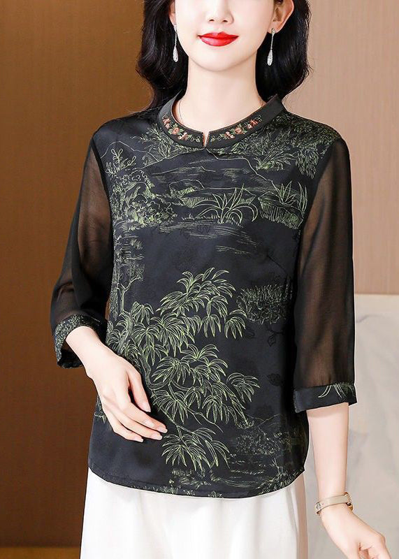 Elegant Green Stand Collar Print Silk Top Half Sleeve