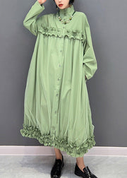 Elegant Green Stand Collar Ruffled Tulle Patchwork Button Maxi Dress Winter