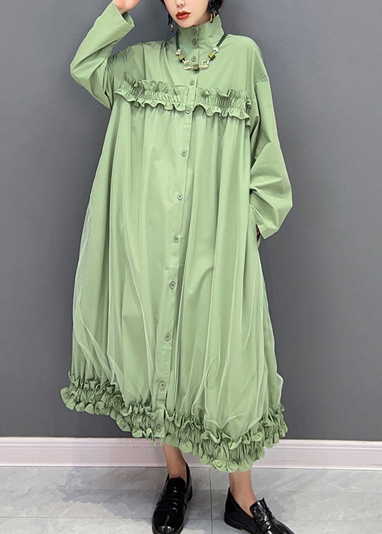 Elegant Green Stand Collar Ruffled Tulle Patchwork Button Maxi Dress Winter