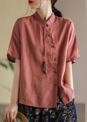 Elegant Green Stand Collar Tassel Asymmetrical Design Linen Shirts Short Sleeve