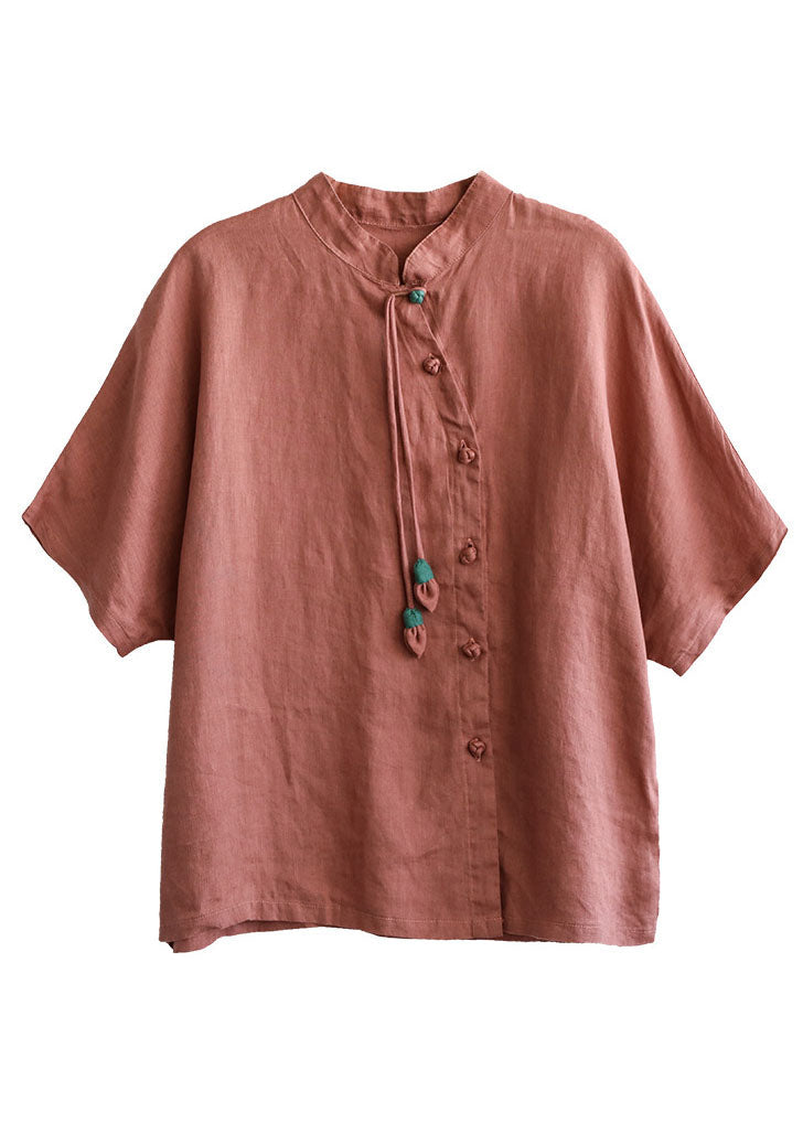 Elegant Green Stand Collar Tassel Asymmetrical Design Linen Shirts Short Sleeve