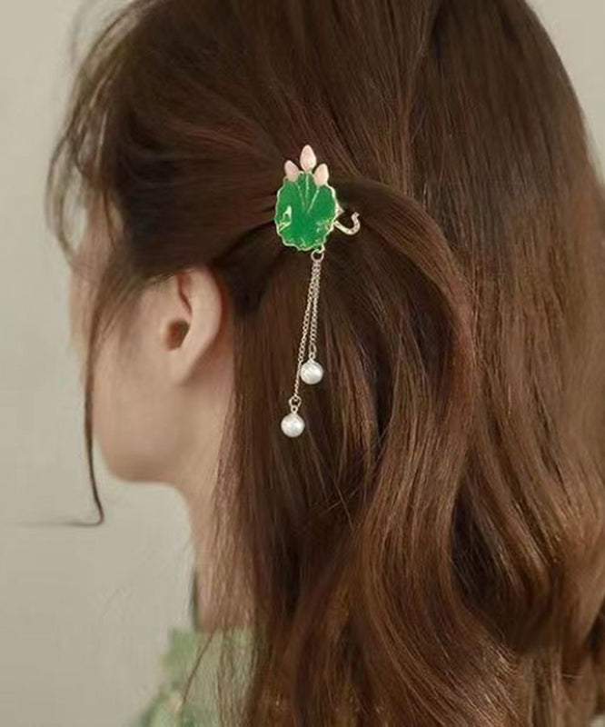 Elegant Green Sterling Silver Alloy Pearl Lotus Leaves Hairpin