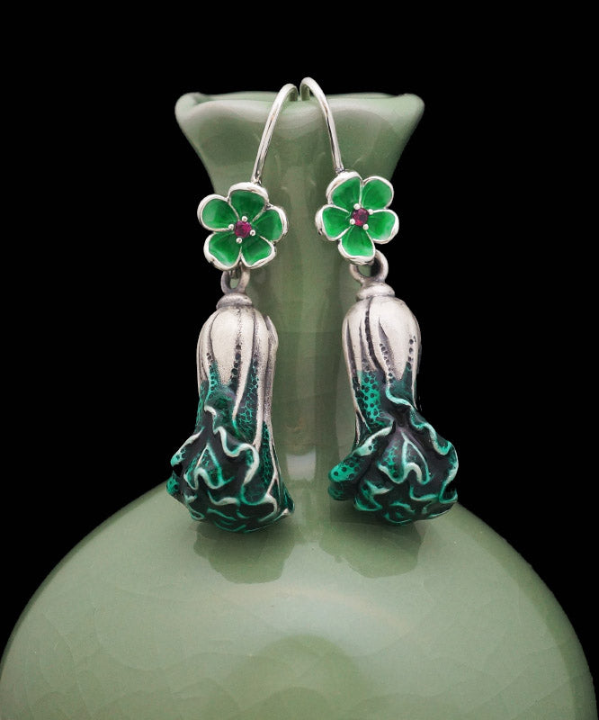 Elegant Green Sterling Silver Cabbage Drop Earrings