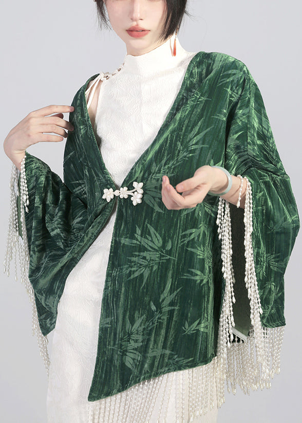 Elegant Green Tasseled Chinese Button Cotton Cape Coats Spring