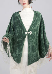 Elegant Green Tasseled Chinese Button Cotton Cape Coats Spring