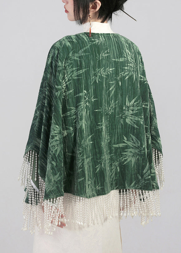 Elegant Green Tasseled Chinese Button Cotton Cape Coats Spring