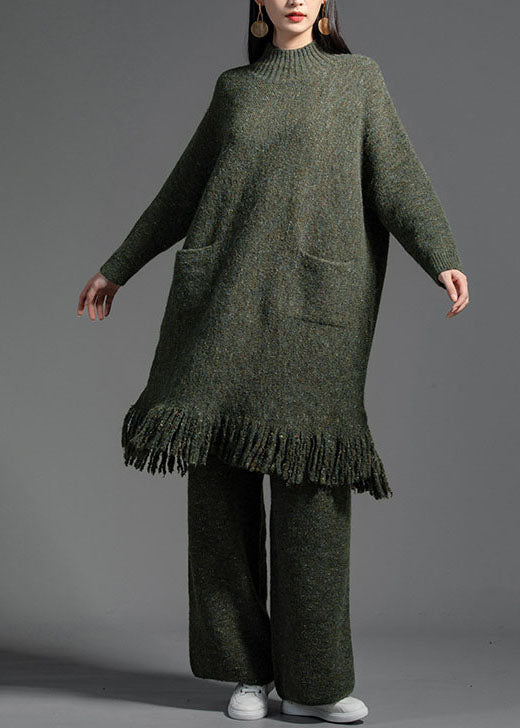 Elegant Green Tasseled Patchwork Wool Knitting Dress Winter