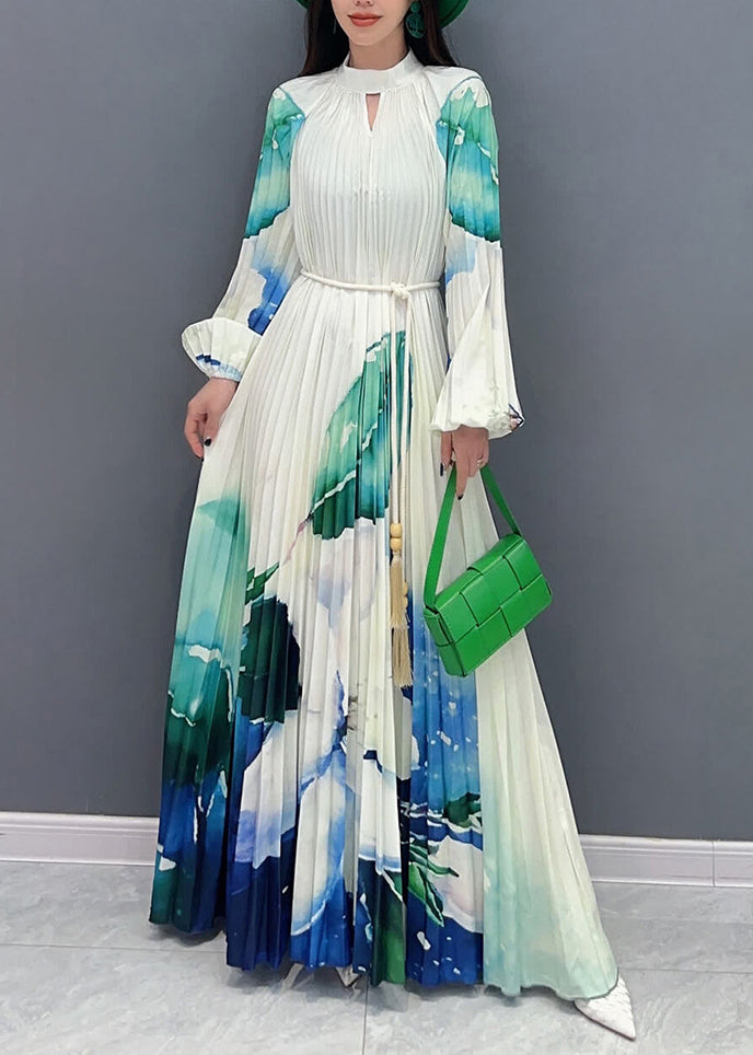 Elegant Green Turtleneck Print Tie Waist Long Dresses Long Sleeve