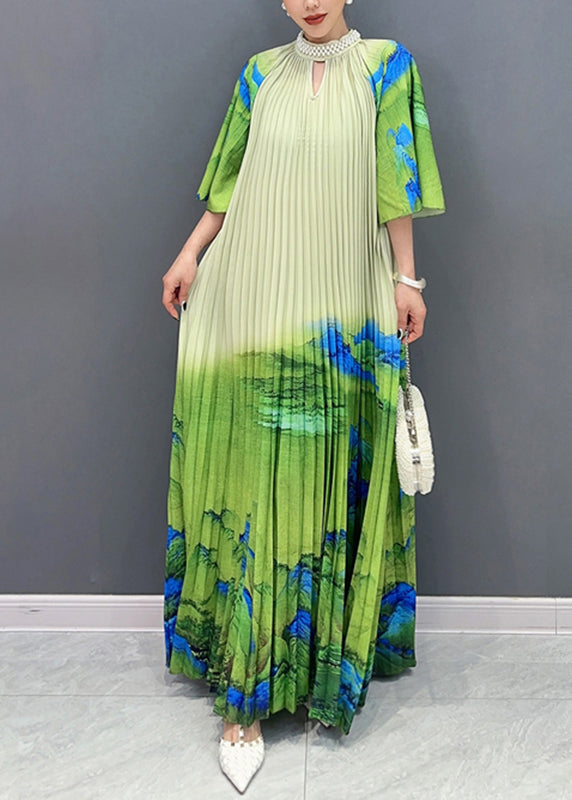 Elegant Green Turtleneck Print Tie Waist Maxi Dress Half Sleeve