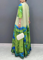 Elegant Green Turtleneck Print Tie Waist Maxi Dress Half Sleeve