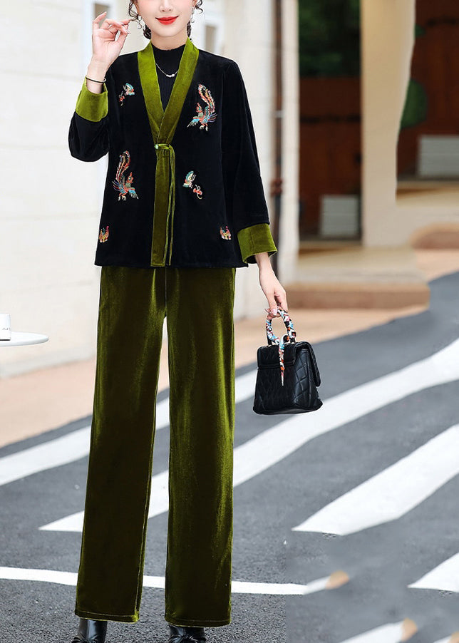 Elegant Green V Neck Embroideried Silk Velour Coats And Pants Two Piece Set Fall