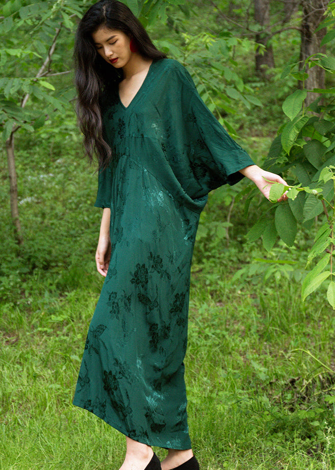 Elegant Green V Neck Jacquard Silk Robe Dresses Batwing Sleeve