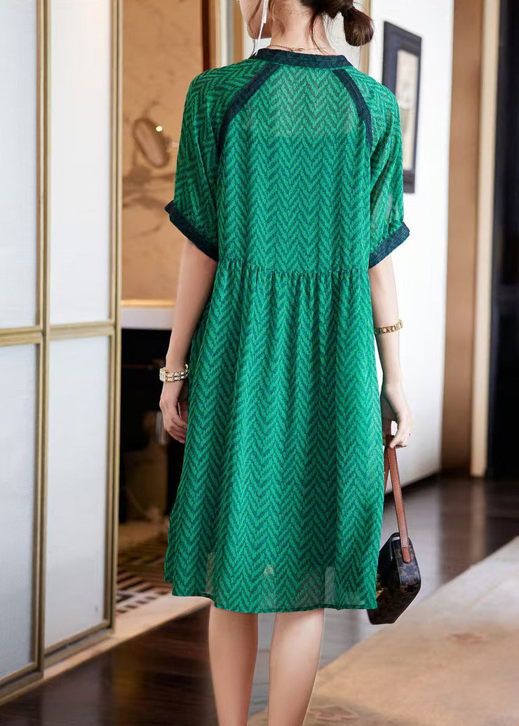 Elegant Green V Neck Print Chiffon Holiday Dress Summer