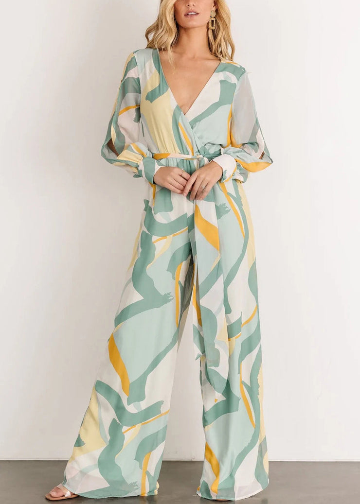 Elegant Green V Neck Print Chiffon Jumpsuit Long Sleeve