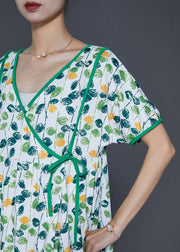 Elegant Green V Neck Print Cotton Dresses Summer